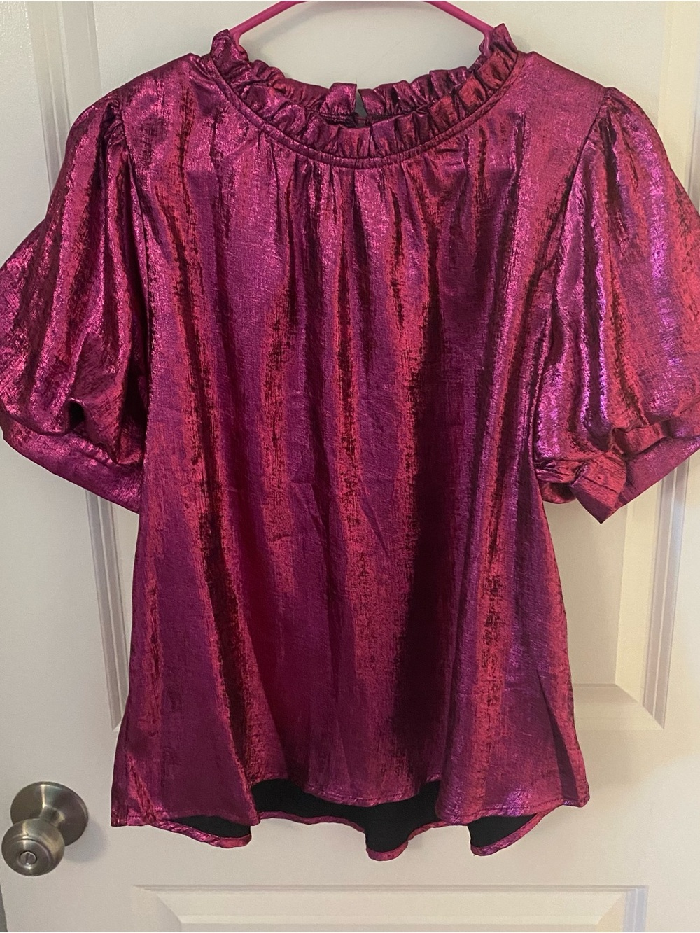 JODIFL Shimmery Magenta Ruffle-Neck Puff-Sleeve Blouse
